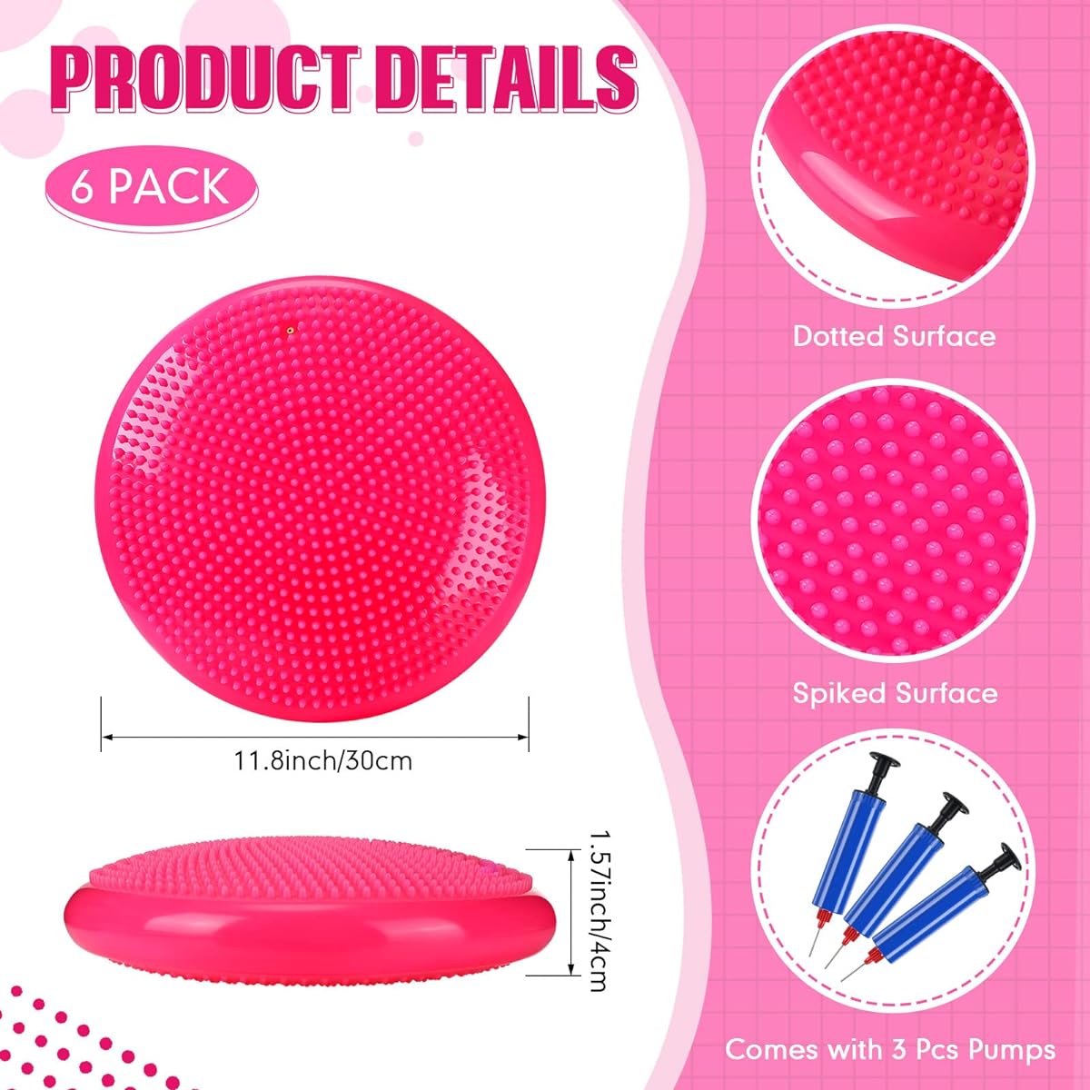 Riakrum Inflatable Wobble Cushion Exercise Balance Stability Disc with 3 Hand Pumps, Flexible Seat, Wiggle Seat, Sensory for Kids and Adults, Gym, School, Home, Office, Workout, 6 Pieces