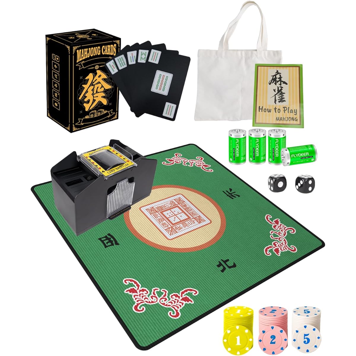 Extguds Chinese Mahjong Card Deluxe Set: Mahjong Playing Cards x 1, Card Shuffle x 1, C Battery x 4, Chips x 60, Mahjong Mat x 1, Portable Canvas Bag x 1, Dice x 2, Game Manual x 1. 144 Playing Cards