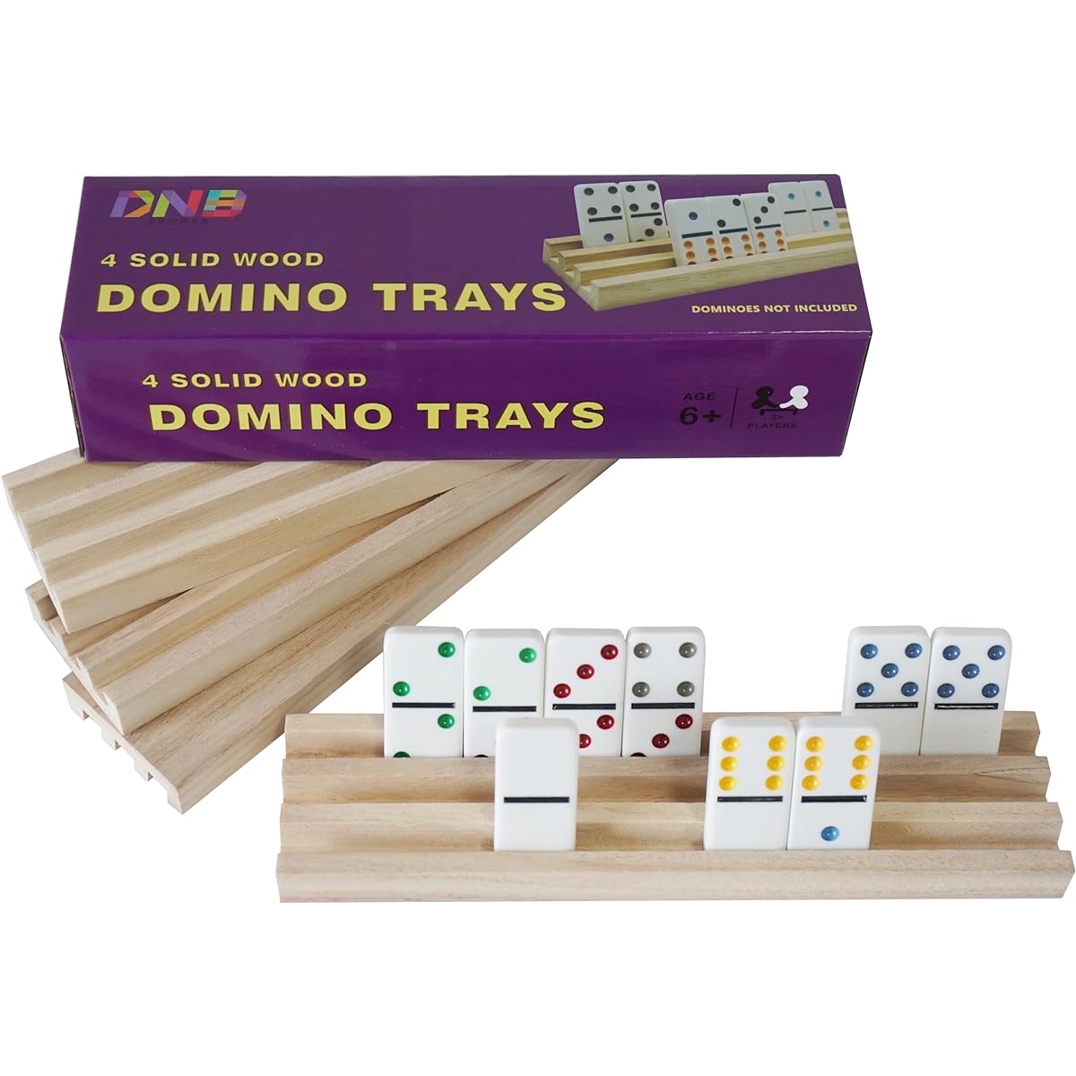 DNB Wooden Domino Rack – Set of 4 Domino Tile Trays, 3 Slots Per Tray – Domino Holder for Domino Games – Dominoes Not Included, Wood Color