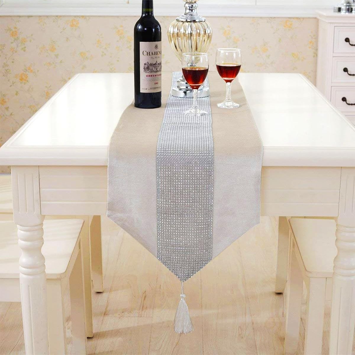 Atiming Beige Modern Table Runner Tapestry Luxury Diamond Wedding Christmas Table Runner 72 Inch Christmas Dining Table Decoration