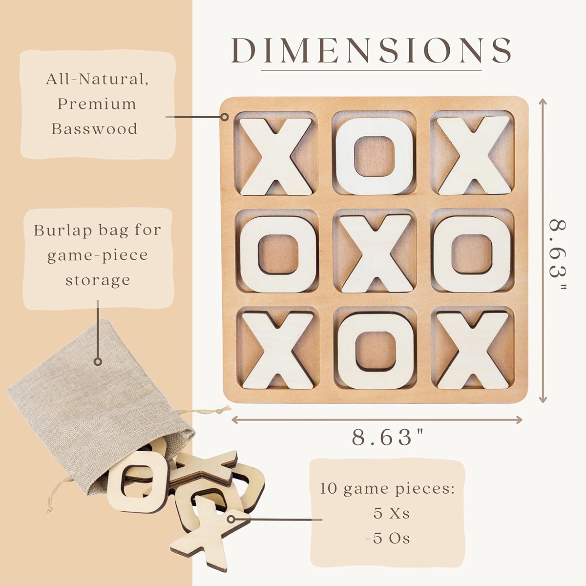 Tic Tac To Game for Kids and Families - Versatile Board for Classic 2 Player Game - Tic Tac Toe Boho Coffee Table Decor - 8.63" Portable Tic Tac Toe Board - Valentine's Day Gift for Kids