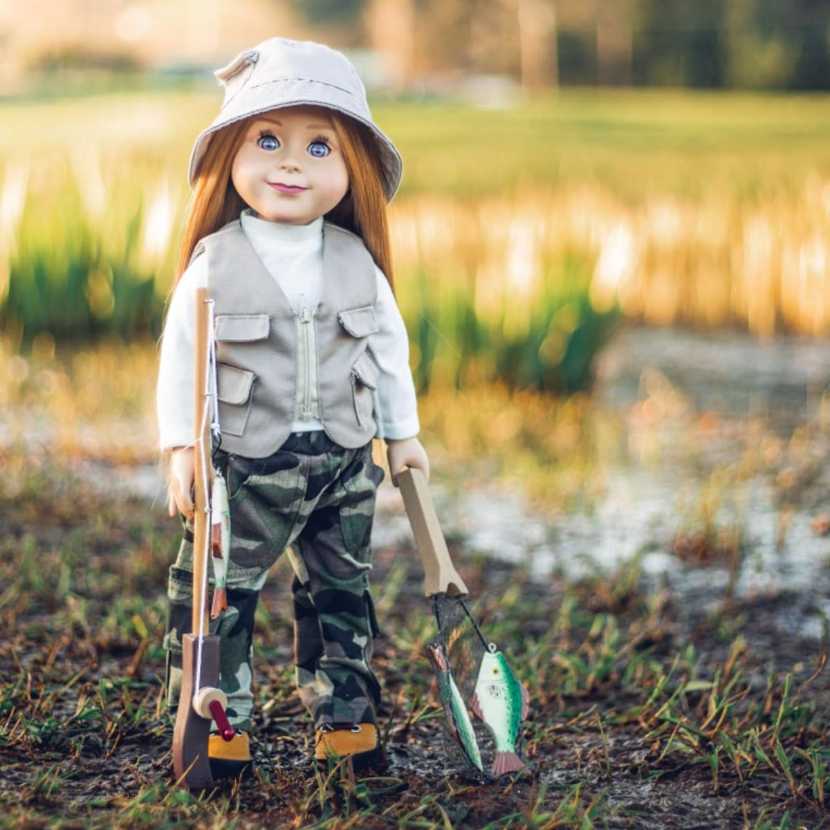 Fishing Adventure Set Includes Camo Pants, Shirt, Hat, an Accessory Set, and Hiking Boots. Clothing and Accessories