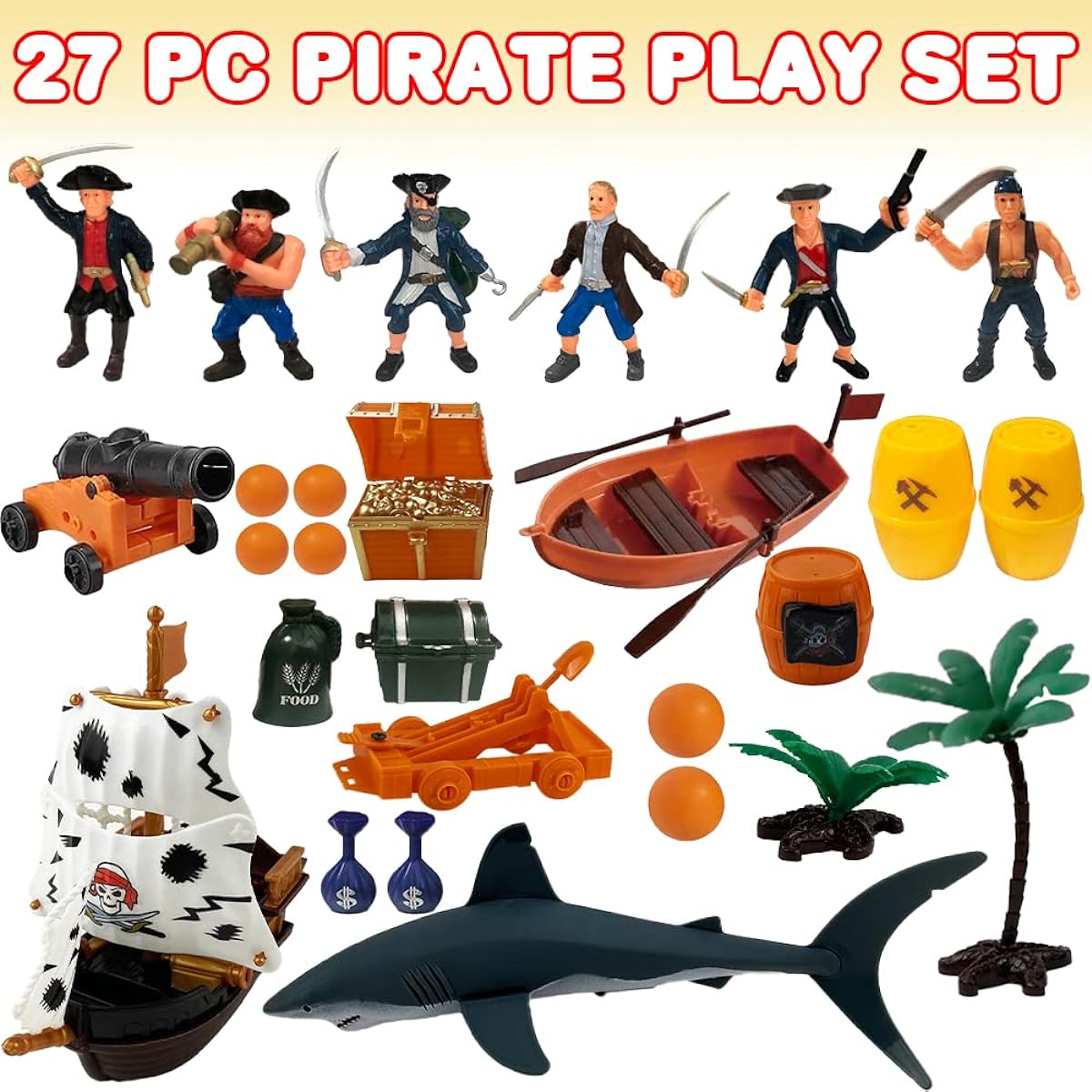 ArtCreativity Pirate Action Figure Playset, Pirate Playset with Action Figures, Pirate Ship Toy, Boat, Shark, Treasure Chest, Storage Box and More, Pirate Party Decorations, Cake Topper, Gift