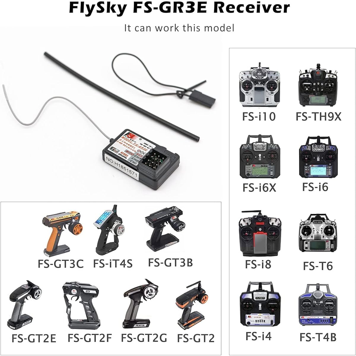 WOAEIUOS Flysky FS-GR3E Receiver AFHDS Long Range 3CH 2.4GHz Surface Receiver for FS-GT2 FS-GT2B FS-GT3B FS-GT3C FS-IT4S Transmitter RC Car Boat (2pcs)