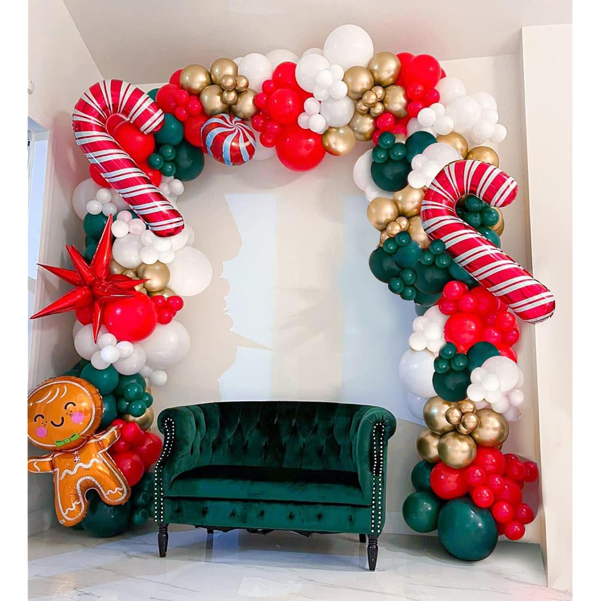 CboDeco Christmas Balloon Garland Arch Kit, 113 Pieces Red Green White Gold Balloons, Candy Balloons, Gingerbread Man Balloons, Cane Balloons, Red Exploding Star Balloons for Christmas Party Decoration