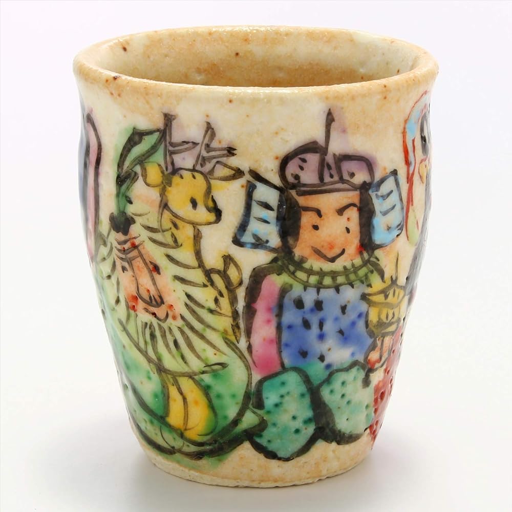 Mino ware Wada hitori sake cup Ochoco Seven Lucky Gods in wooden box 105-0028