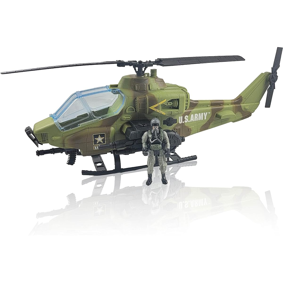 US Army AH-64 Apache Helicopter Toy & Soldier Action Figure Set - Hand Drive Military Army Toy Helicopter with Sound 3+