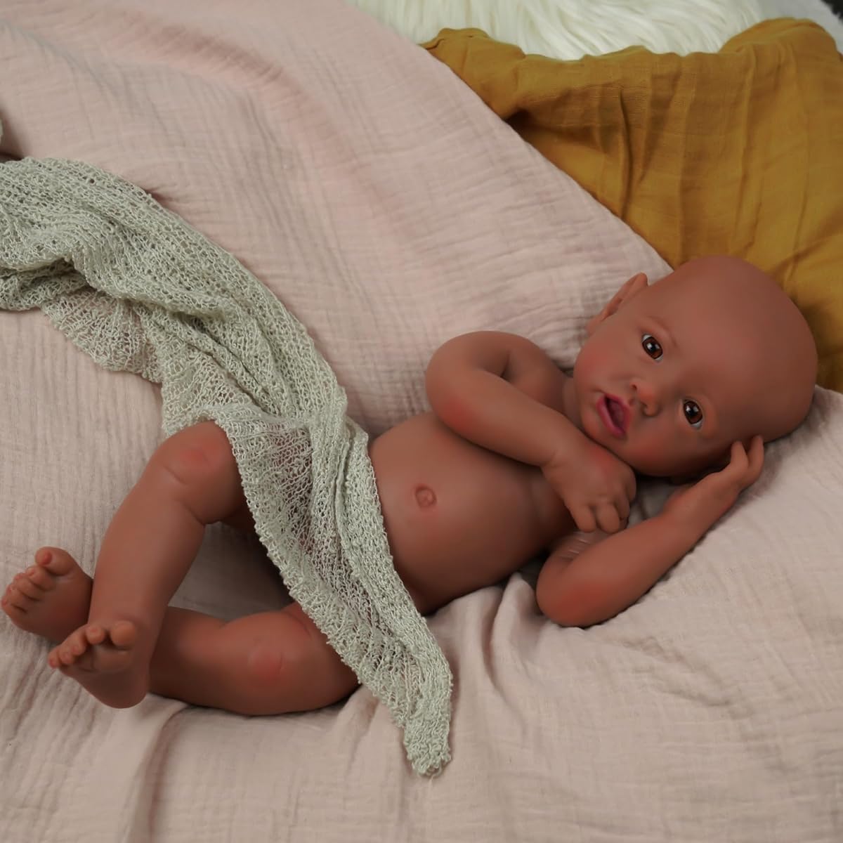 BABESIDE 16" Full Body Silicone Baby Doll Saskia Realistic African American Reborn Baby Doll Black Girl Bathable Baby Doll Anatomically Correct with Soft Body and Flexible Limbs