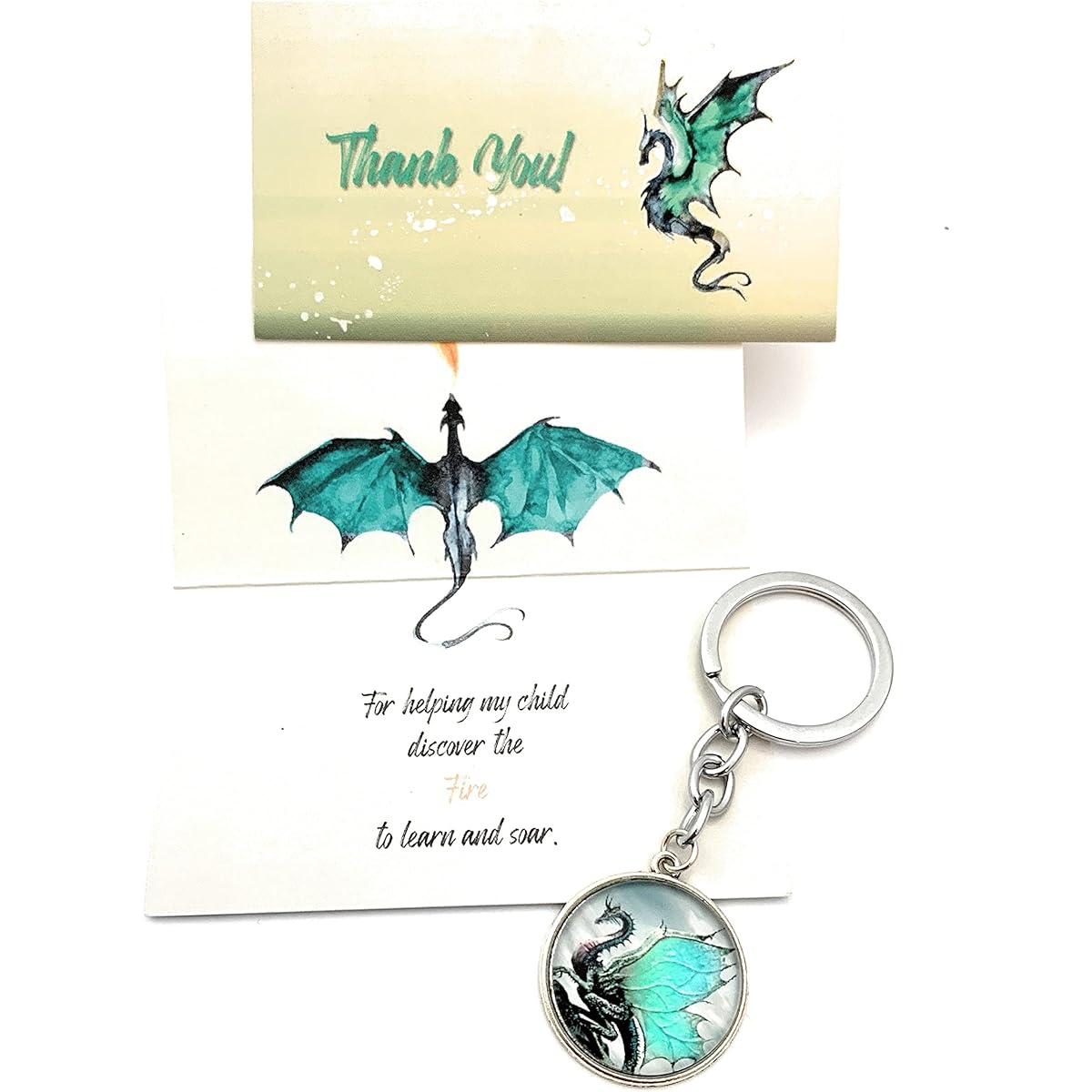Smiling Wisdom - Dragon Keychain Mentor Teacher Appreciation Greeting Card - Daughter or Son's Teacher - Help Your Child Discover and Learn Fire - Silver Blue