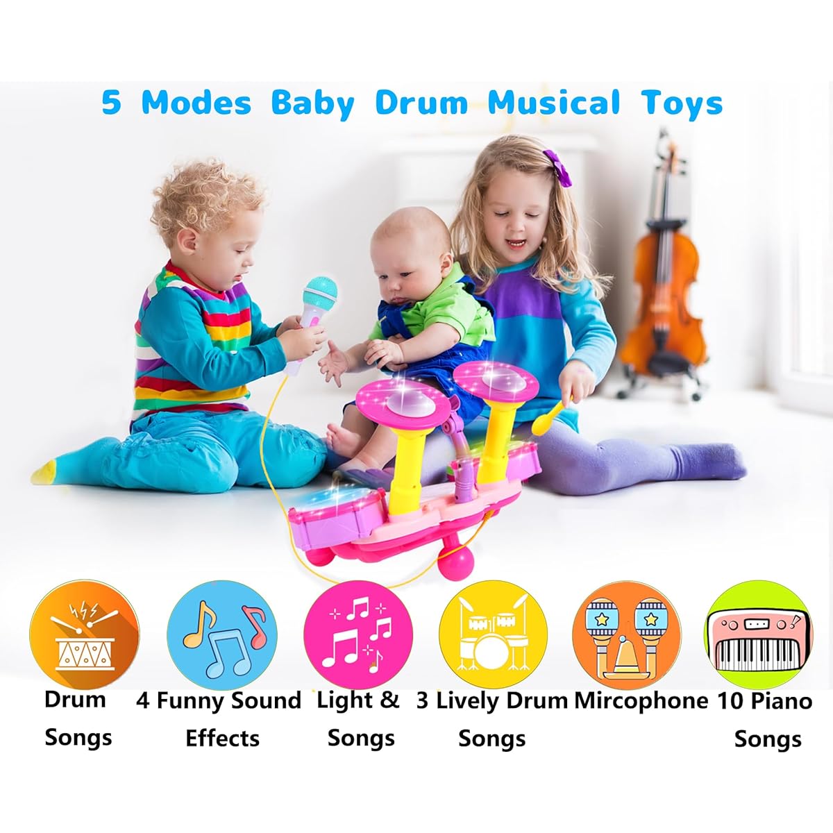 Cozybuy Kids Drum Set for Toddlers Ages 1-3, Gifts for 1 Year Old Girls, Toddler Drum Toy with 2 Drumsticks, Beat Flashlight and Adjustable Microphone, Baby Girls Toys, Birthday Gifts for 1-6 Year Old Girls
