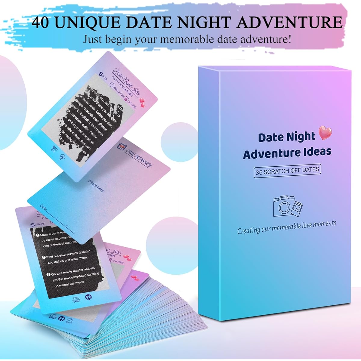 KUODIEOR 40 Romantic Date Ideas for Couples Fun and Adventurous Scratch-off Card Game (35 Ideas Scratch-off Cards)