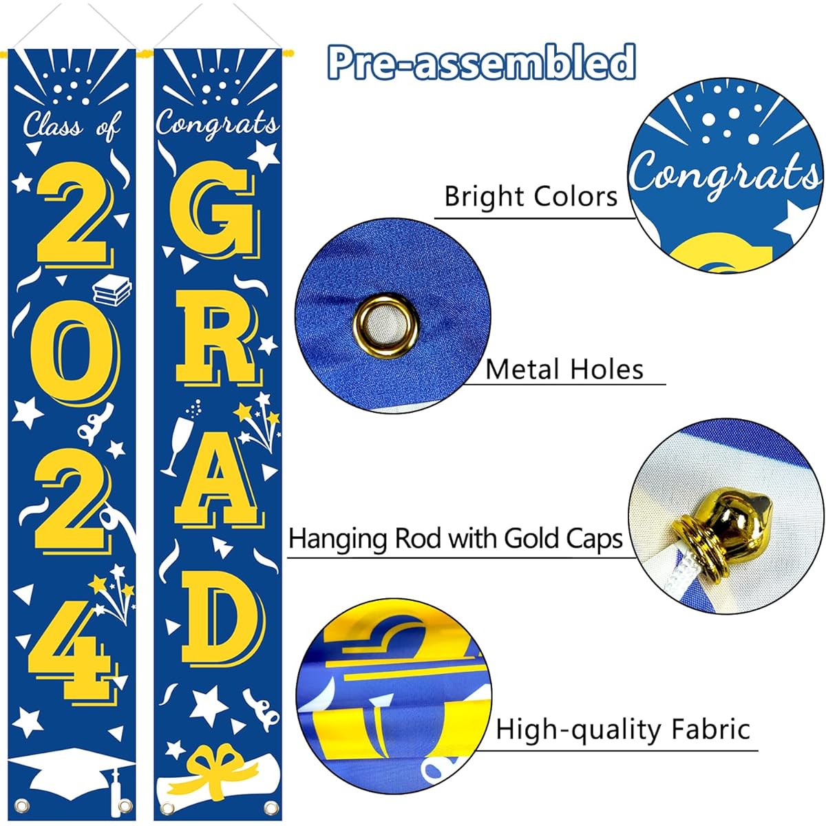 Graduation Porch Banner, Class Sign, Congratulations Grad Hanging Flag for High School, College, University, Party Decorations for Front Door, Outdoor, Blue, Yellow