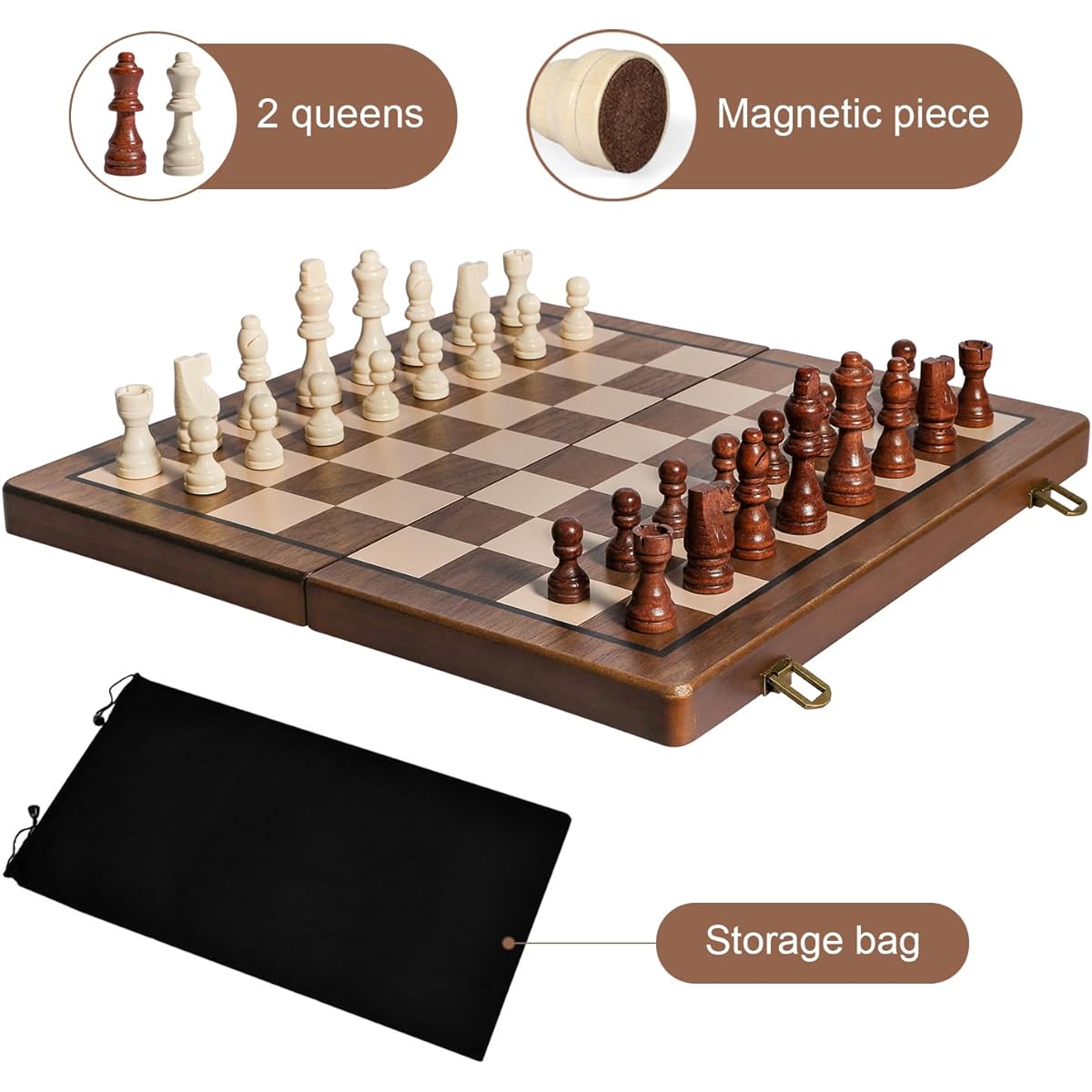 FEIERYA Chess Magnetic Chess Set 15 Inch Wooden Chess Board Ggame 2 Queen Pieces Magnetic Design Folding Board with Individual Storage Slots and Storage Bag Perfect for Beginners/All Chess Enthusiasts