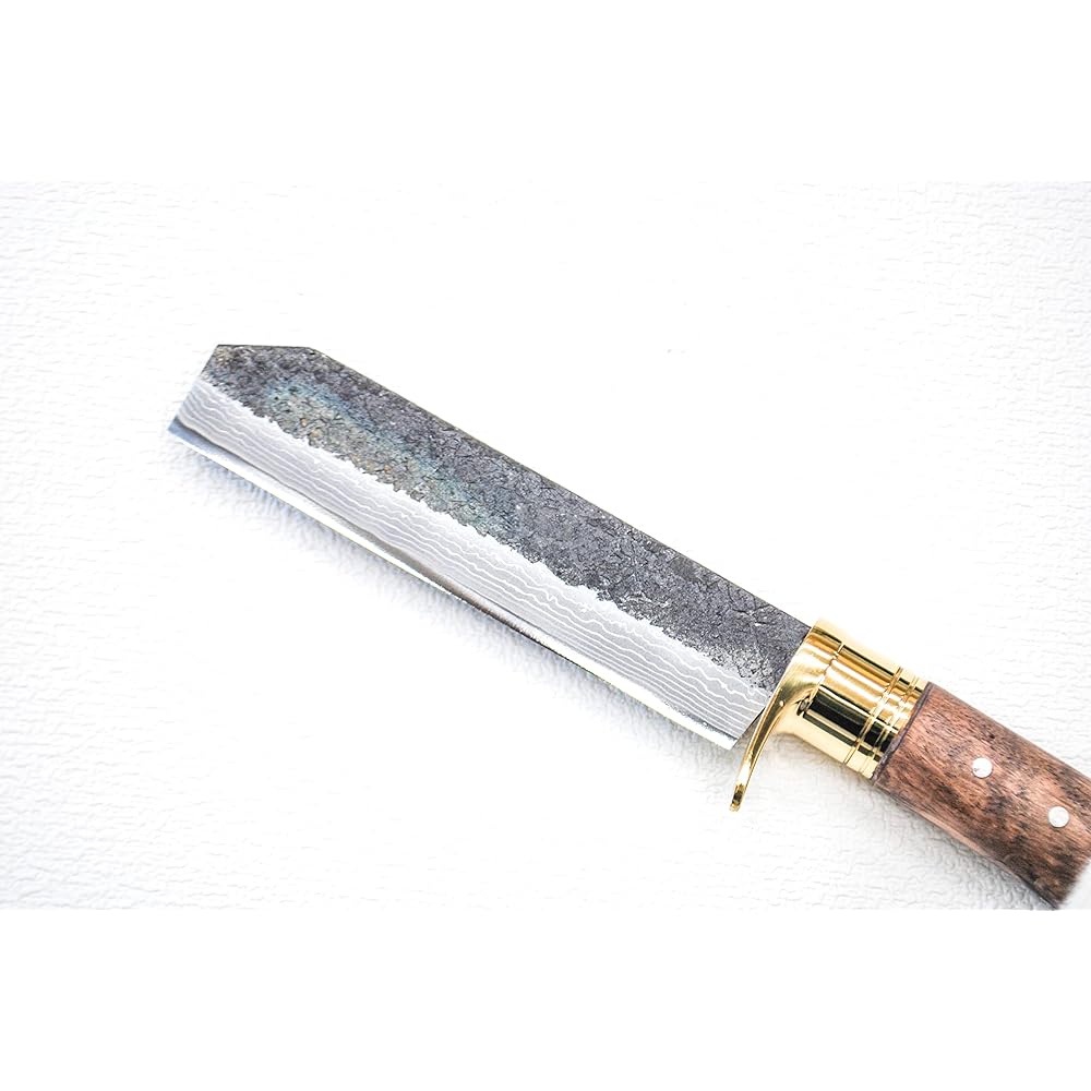 Akinosaku "BE-PAL" x Toyokuni square Damascus bonfire hatchet with fire starter ippin-kdmnata001 Double-edged blade length 15cm Damascus 15 layers blue 2 steel brass brim ring Oak handle (oil stain/checkered processing)/cowhide case (with fire starter in