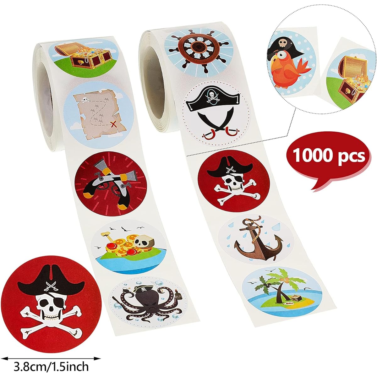 Pirate Theme Stickers, Small Pirate Stickers, Fun Pirate Party Stickers, Assorted Pirate Roll Stickers, Bulk Pirate Wall Stickers, Pirate Party Decorations for Girls and Boys (1000 Pieces)