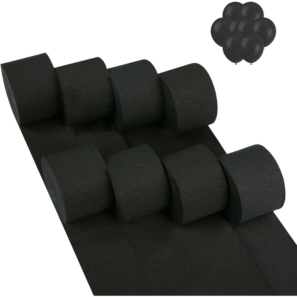 Crepe Paper Streamers (622ft x 1.8in) - 8 Rolls & 8 Balloons - Black Streamers for Birthday Party Decorations, Backdrops, Arts & Crafts
