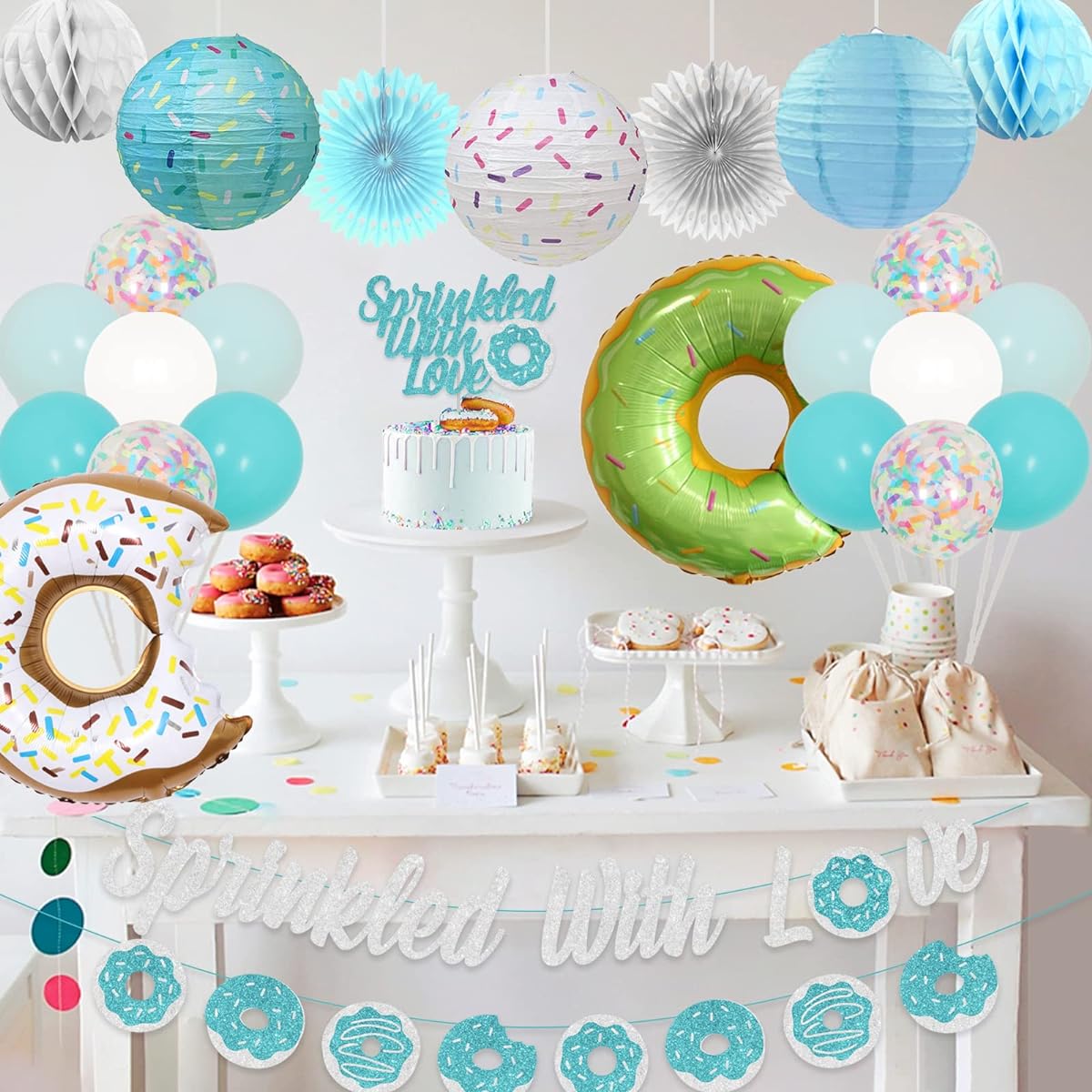 Sprinkle with Love Baby Shower Decorations Blue Donut Baby Shower Decorations Boy and Lantern Honeycomb Ball Donut Foil Balloon Baby Shower Party Supplies