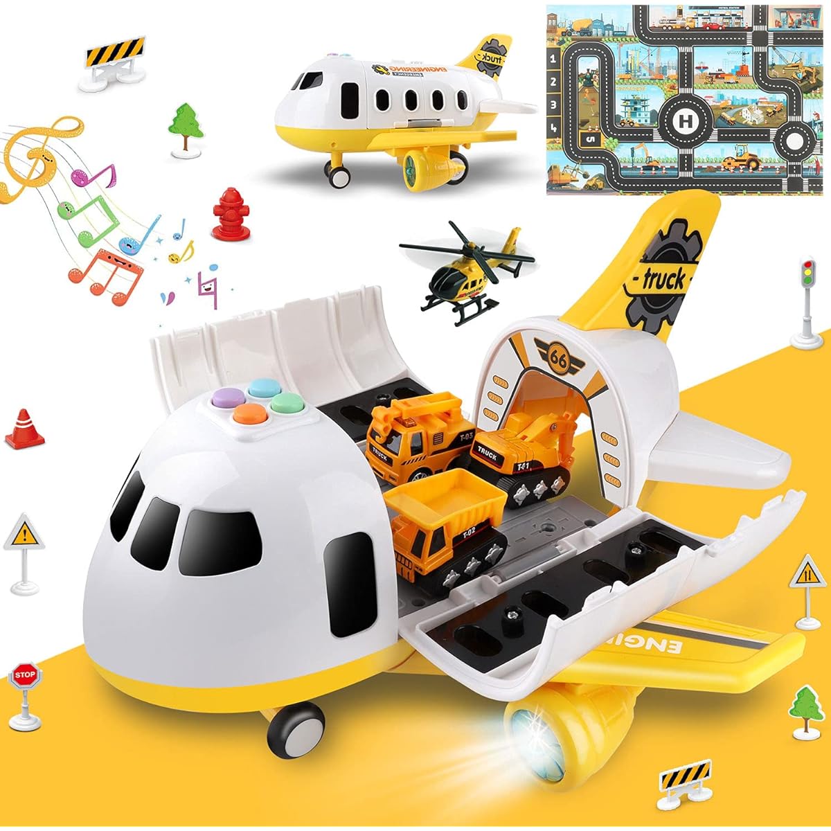 Dwi Dowellin Construction Plane Toy, Car Toy Set with Lights and Sounds, Best Birthday Gift for 3, 4, 5, 6 Year Old Boys (Medium Size)