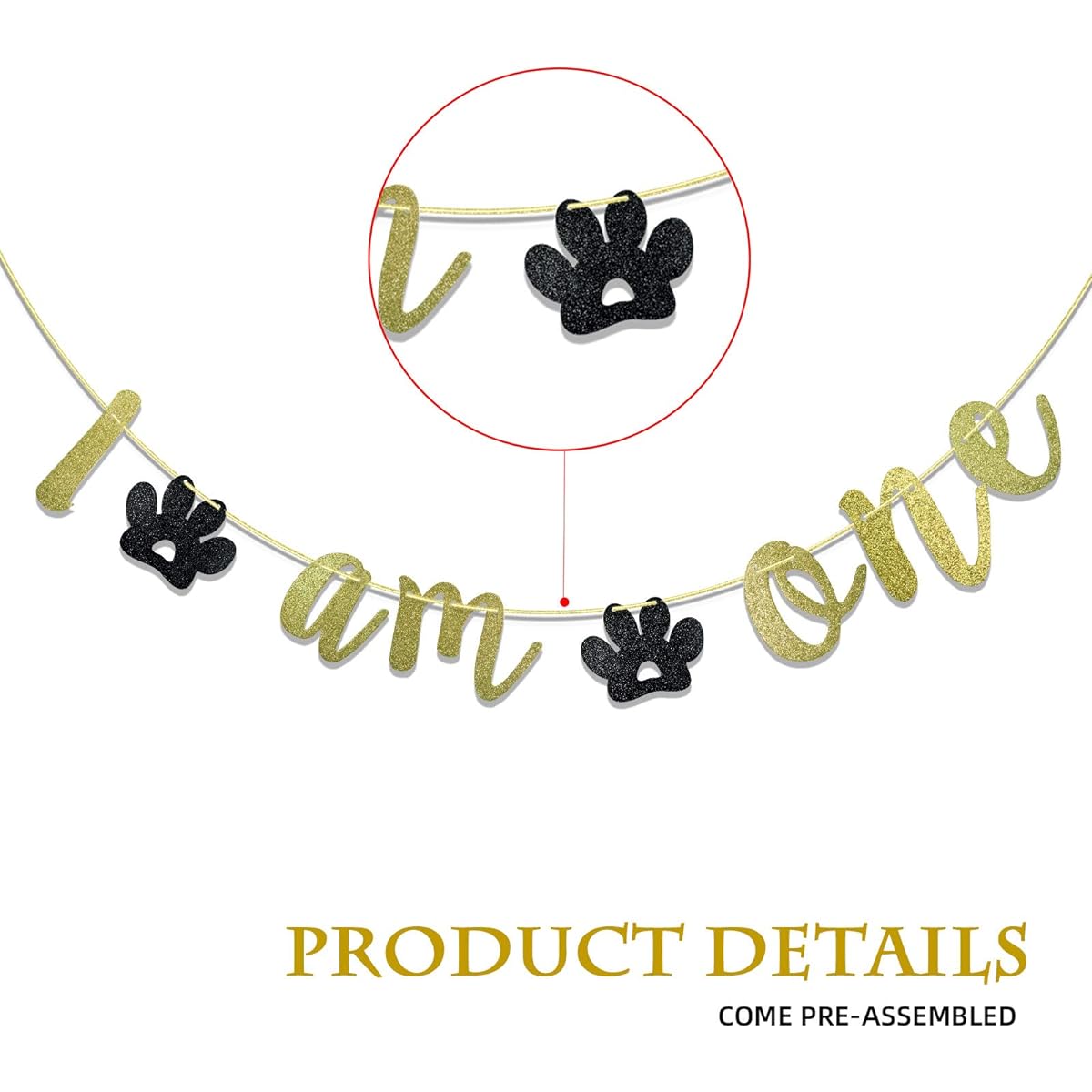 I Am One Puppy Birthday with Paw Prints Banner Dog's First Birthday Party Decorations (Gold)
