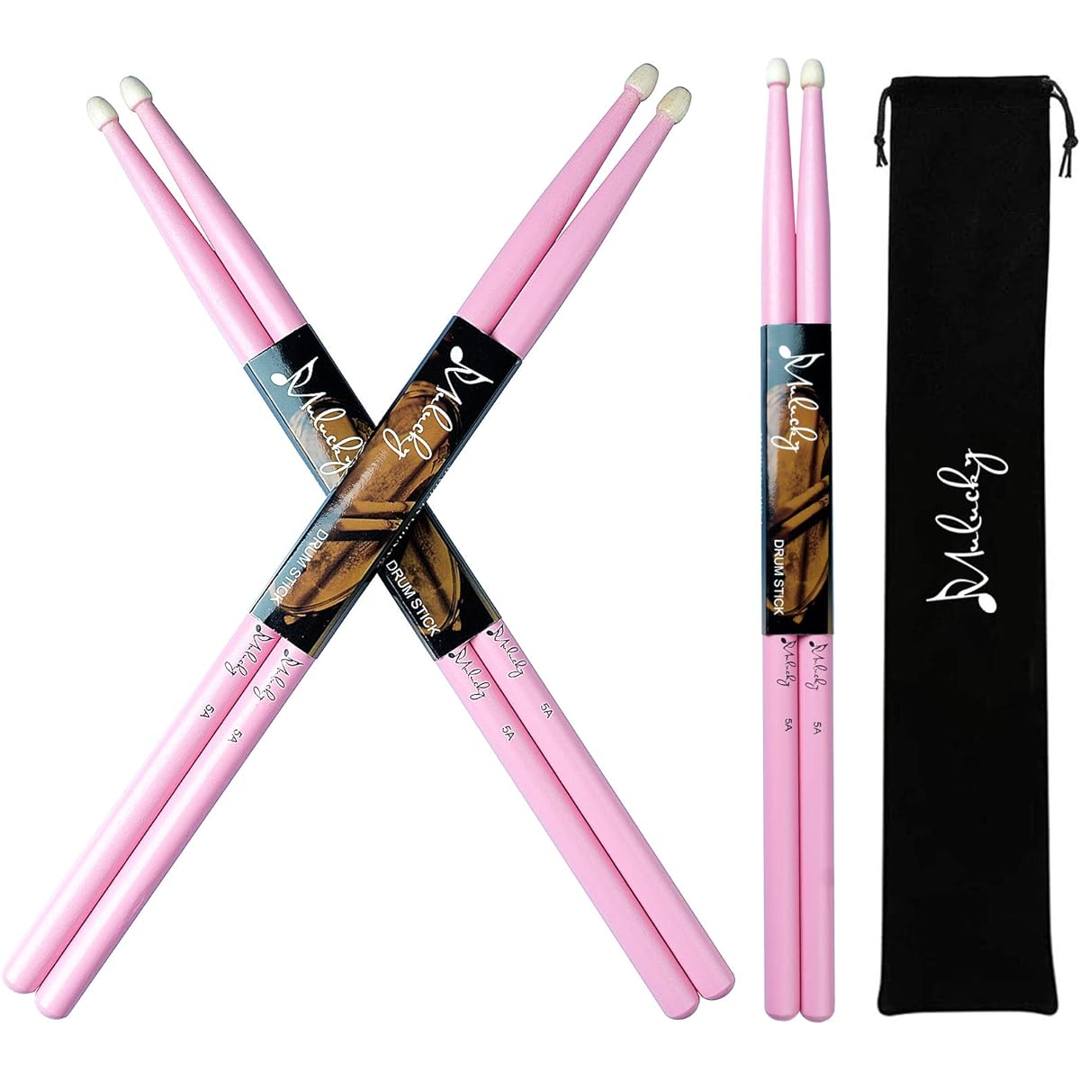 Mulucky 5A Drumsticks Classic Maple Wood Drumsticks with Carry Bag 3 Pairs Pink