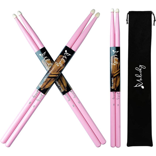 Mulucky 5A Drumsticks Classic Maple Wood Drumsticks with Carry Bag 3 Pairs Pink