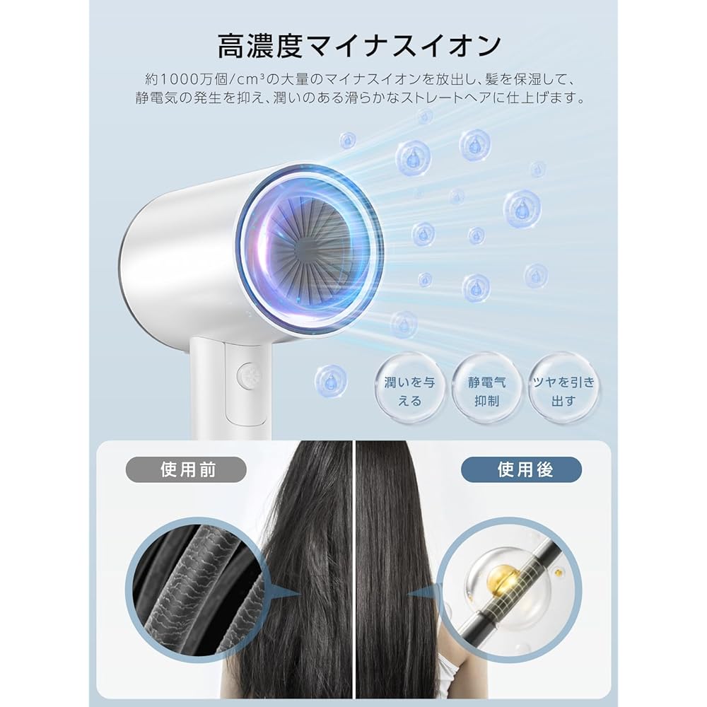 SAITOU Dryer, Large Airflow, Quick Drying, 970 W, Hair Dryer, Popular, High Concentration Negative Ion, 57°C Constant Temperature, 3 Levels of Air Volume Adjustment, Hot and Cold Air Switching,
