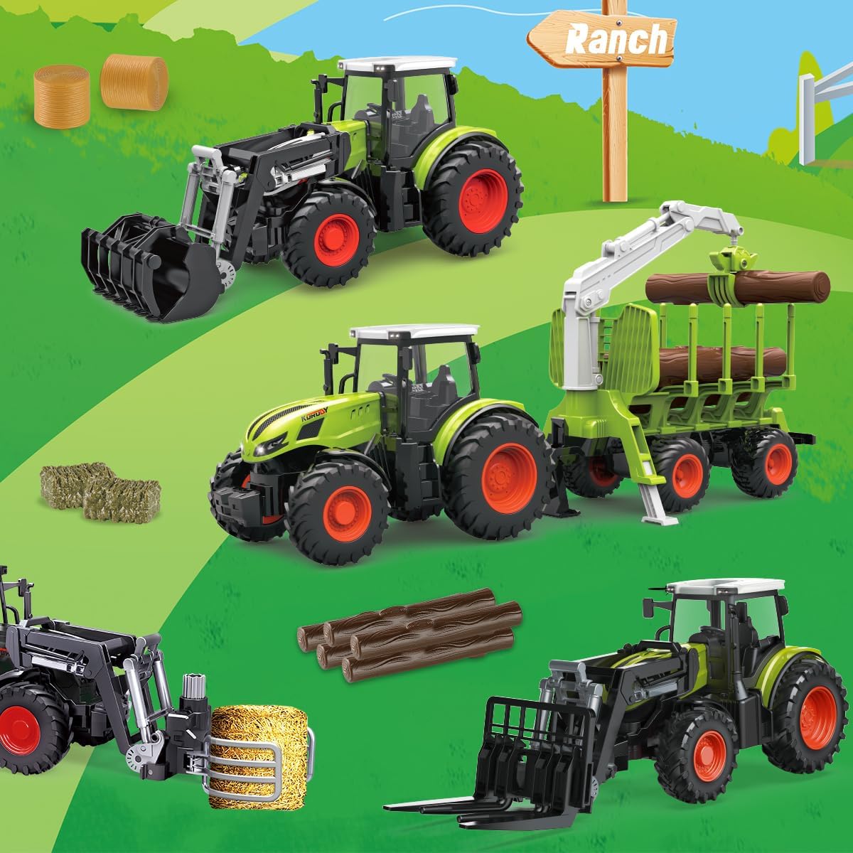 Leopmase Remote Control Tractor Farm Playset, 2.4Ghz Electronic RC Tractor with Trailer and Timber Truck, Farm Toy Set with Farm Timber Multifunction Header for Kids Ages 3 4 5 6