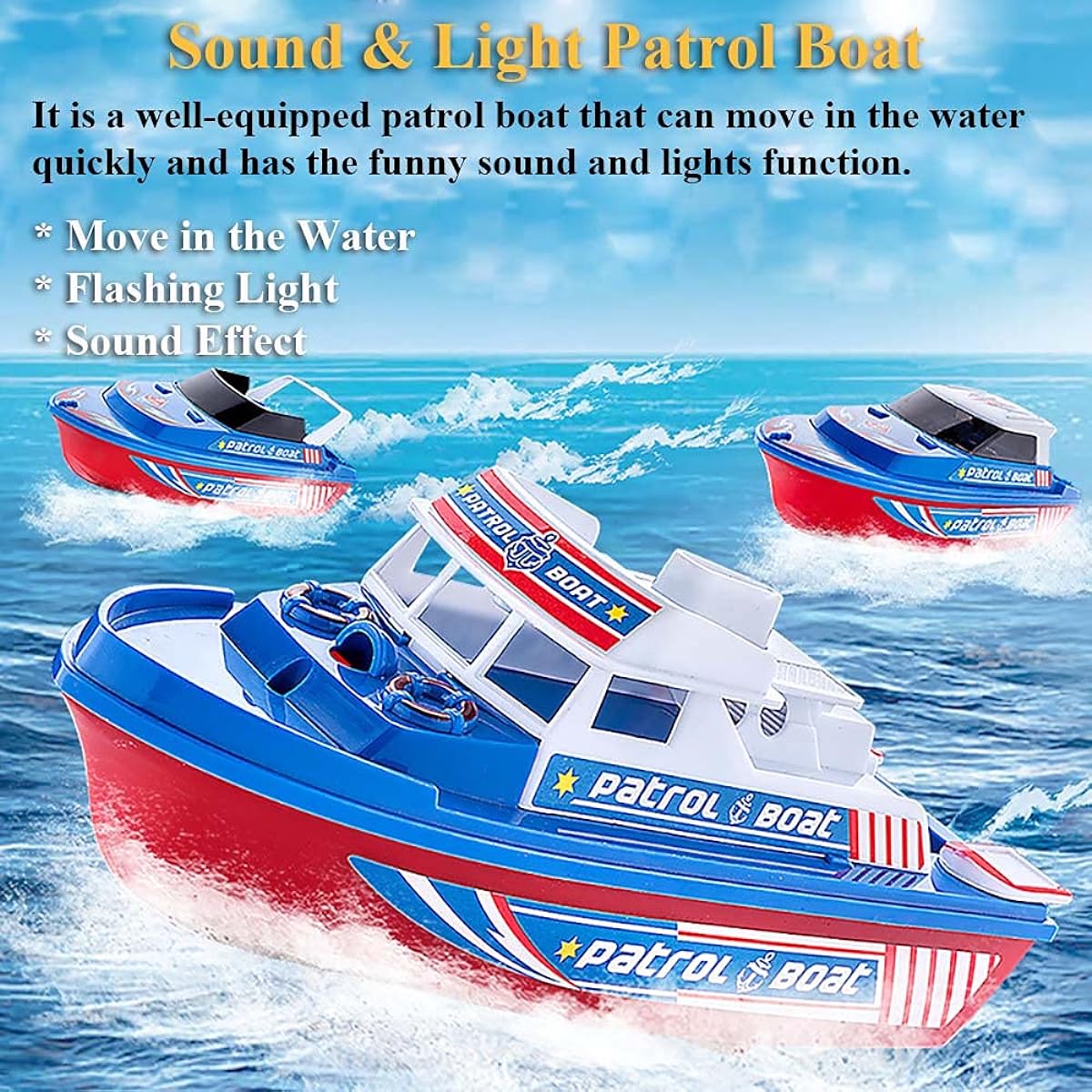 NEXTAKE Speed Boat Water Toy Electric Patrol Boat Coast Guard Watercraft Toy Police Speed Boat Model Toy with Siren and Lights