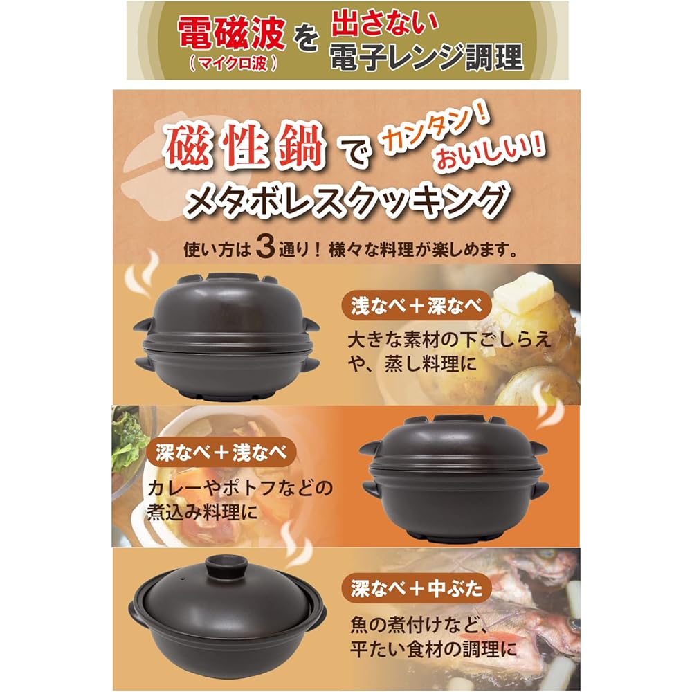 Magnetic pot for microwave oven, two-handed pot, L size 1600cc, for 3 to 4 people, 4-piece set (deep pot, shallow pot, medium lid, drainboard) Microwave pot usage handbook Trivet pot holder Black towel Electromagnetic wave cut Electromagnetic wave counte