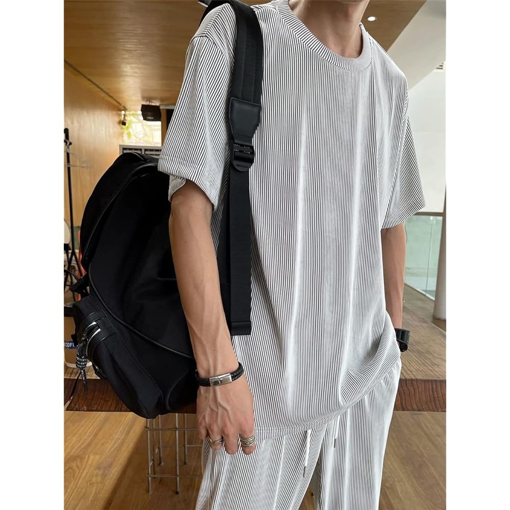 [ZOEMAKE] Men's Setup, Top and Bottom Set, T-Shirt, Long Pants, Tops, 2-Piece Set, Room Wear, Sweatshirt, Sarouel Pants, Jersey, Cool, Short Sleeve, Loose, Large Size, Summer, Stretch, Breathable, Ice Silk, Casual, Soft