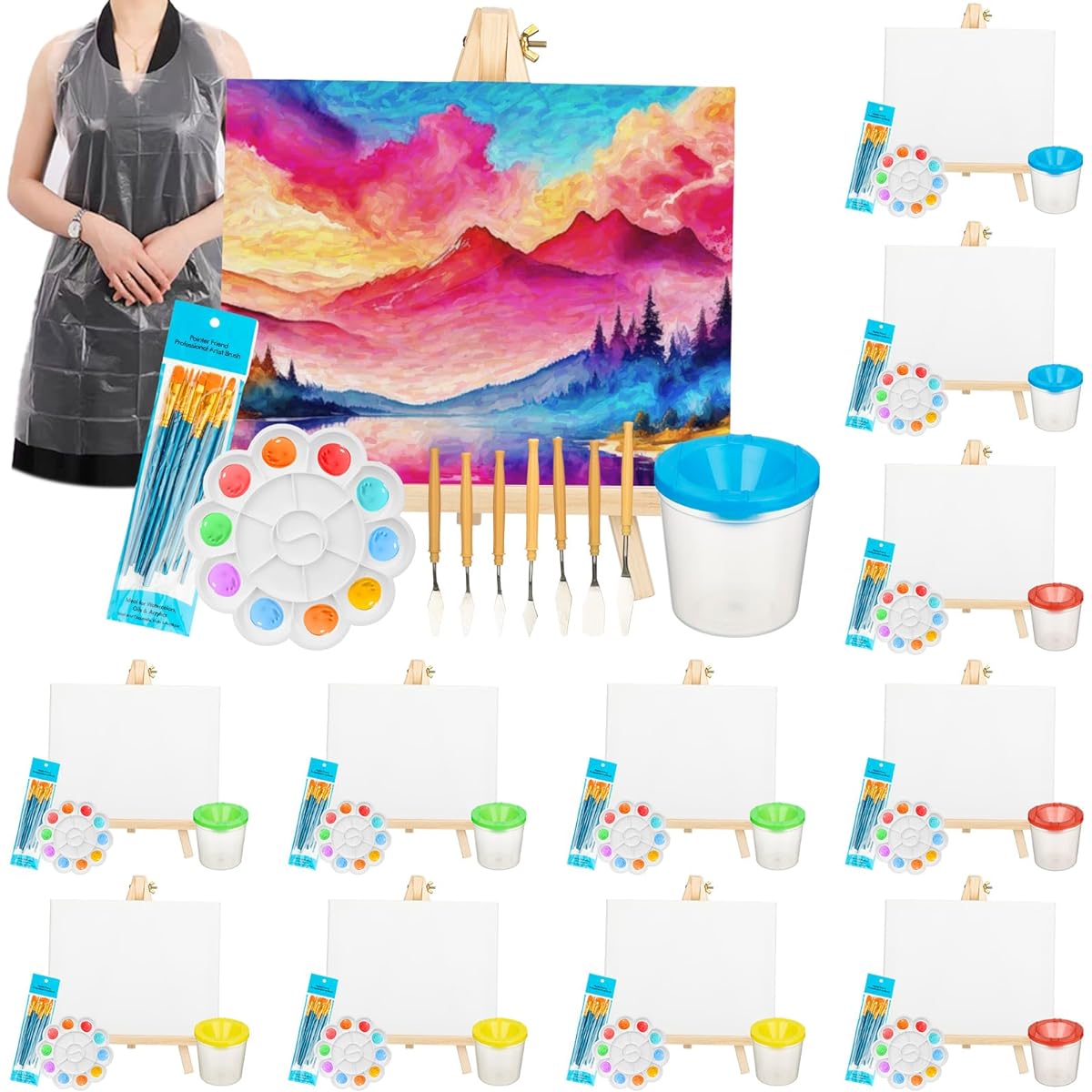 225 Piece Paint Set with 12 Canvases, Wooden Easel, 120 Paint Brushes, Palette, Smock, Brush Cleaning Bucket, Painting Supplies Kit for Kids and Adults Painting Party (12 x 10 Inch)