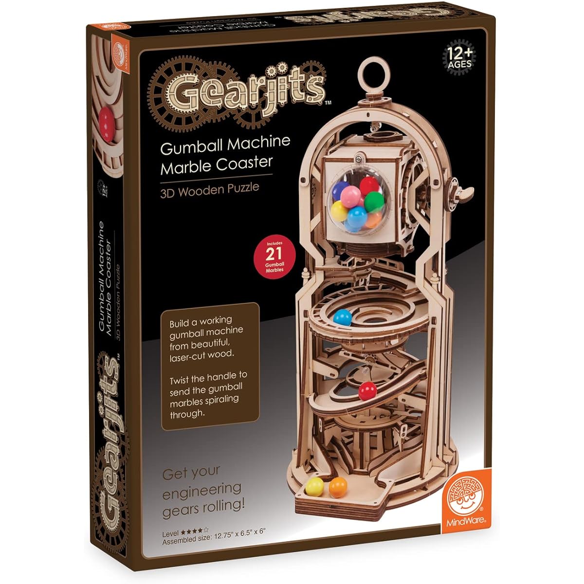 MindWare Gearjits: Gumball Machine Marble Coaster - Wooden 3D Building Puzzle for Teens & Adults - DIY Building Model - Fun for Parents Too - Great STEM Gift for Kids Ages 12+