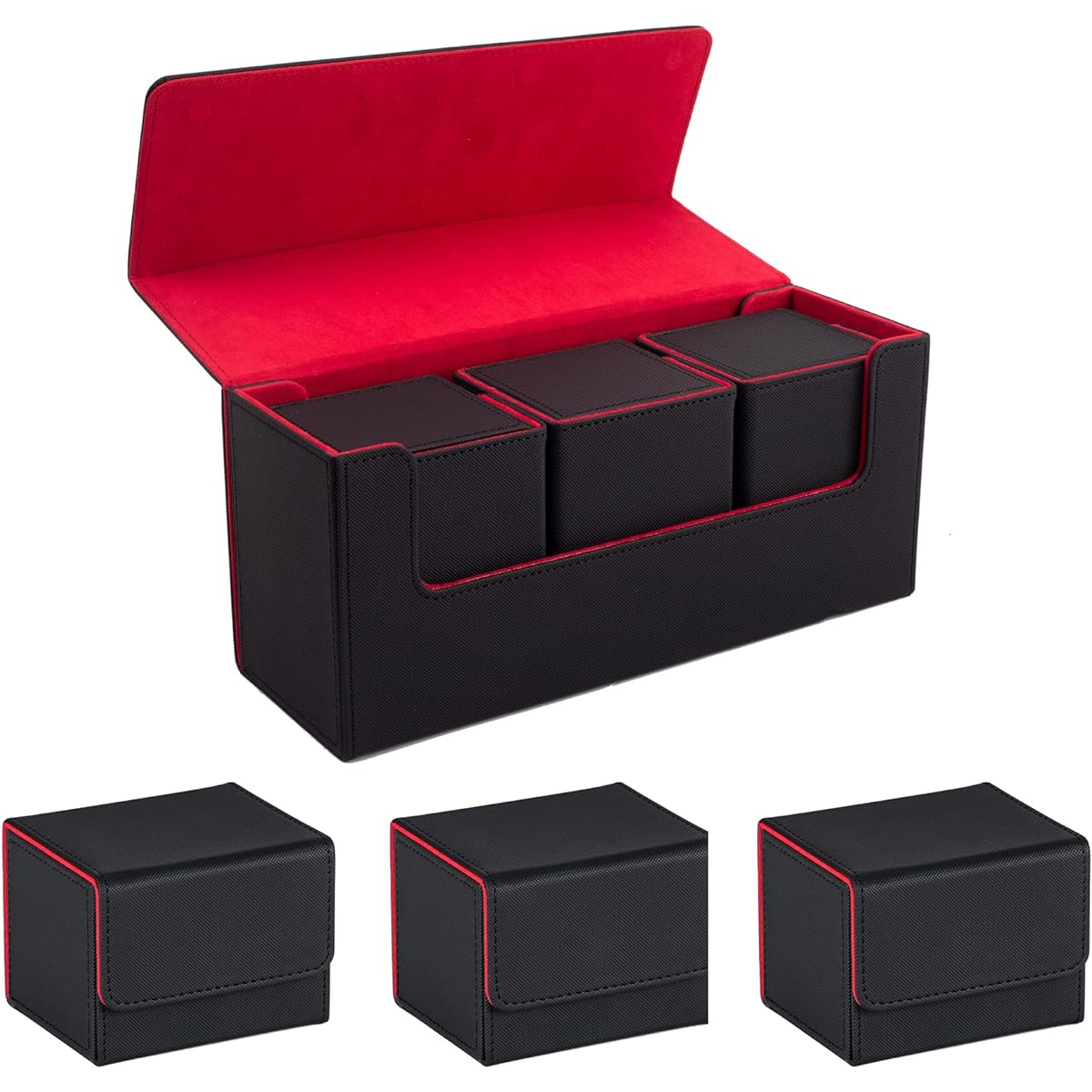 HG CHASING TRIBE Deck Case, Trading Card Case, Case for Magnet Loader, PU Leather, Can Store 33 Magnet Loaders, Holds 800 Cards, Large Capacity, Sleeve Compatible, Trading Card Case (1 Large Deck Case + 3 Small Deck Cases, Black, Red)