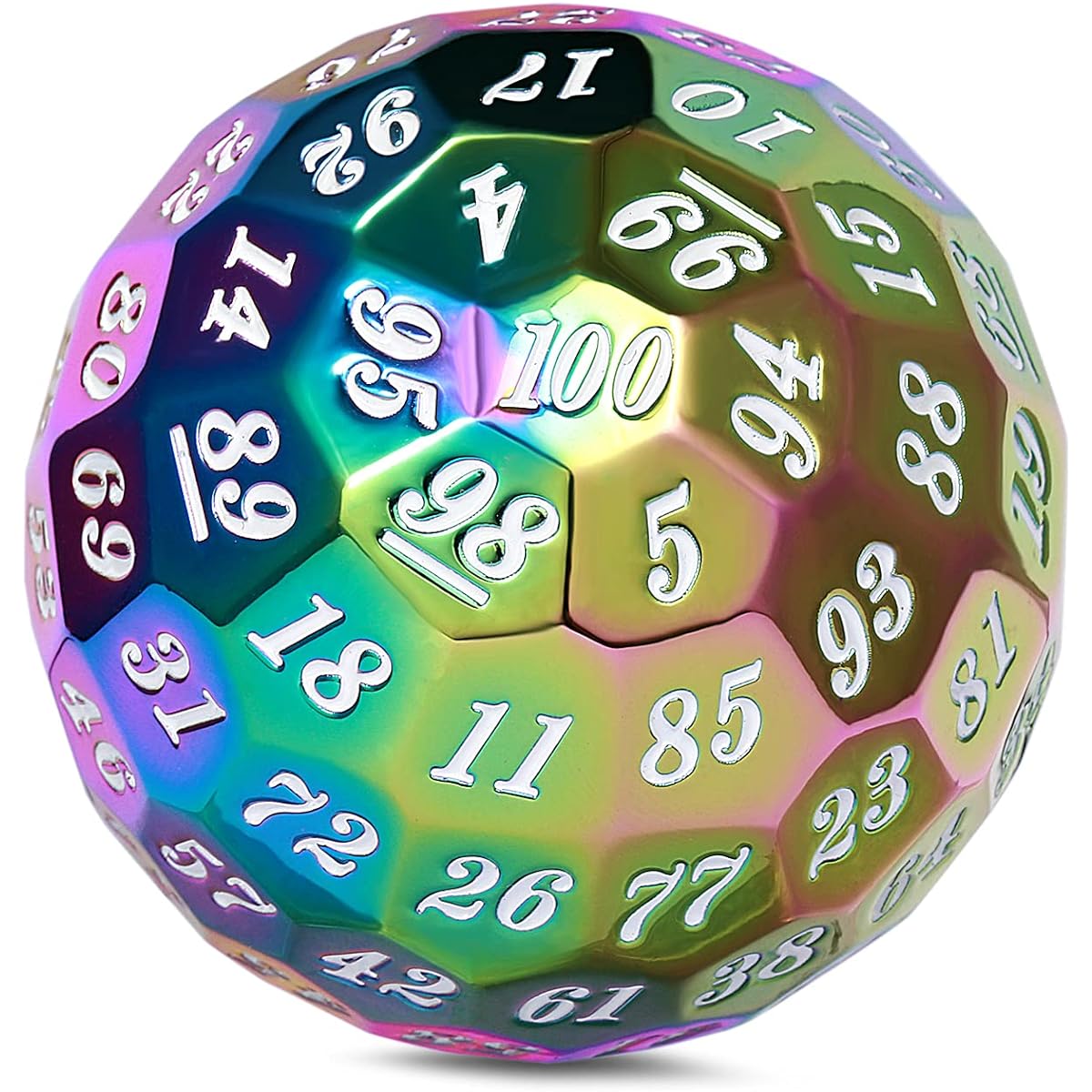 DNDND Rainbow D100 Metal Dice 50mm Single 100 Sided Polyhedral Dice with Metal Case and Velvet Pouch for Tabletop Games (Rainbow and White Numbers)