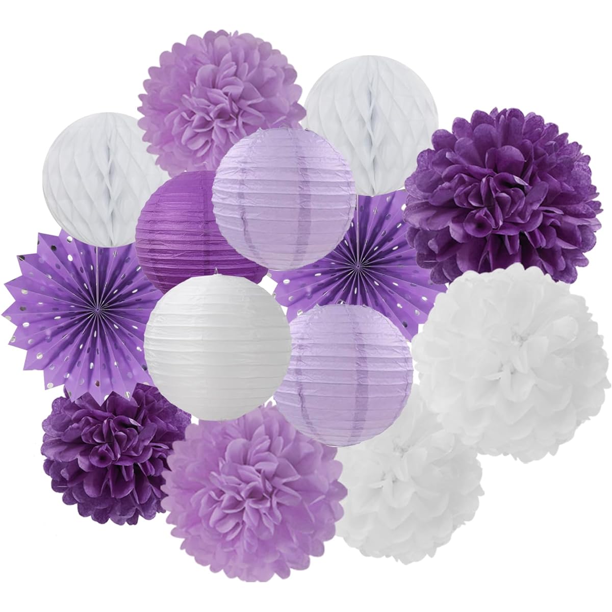 Purple White Lavender Party Decoration Streamers - 14pcs Women Girls Birthday Paper Lantern Fans Tissue Pom Poms for Baby Bridal Shower Wedding Engagement Bachelorette Graduation Decoration Surprise