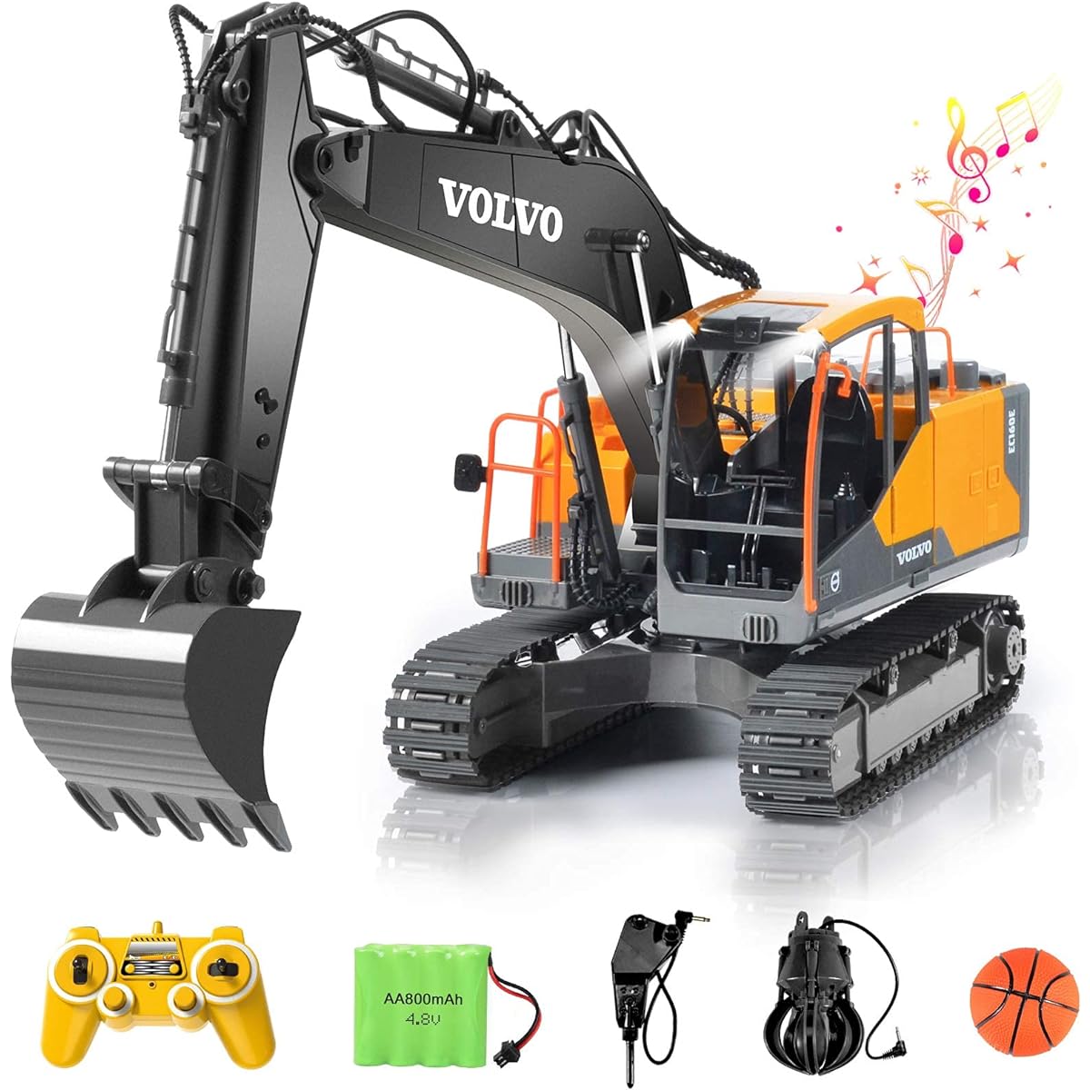 DOUBLE E Volvo RC Excavator 17 Channel 3 in 1 Construction Toys 17 Channel Remote Control Vehicle Tractor Sandbox Toy Digger Metal Shovel Drill Grab RC Truck for Kids Adults