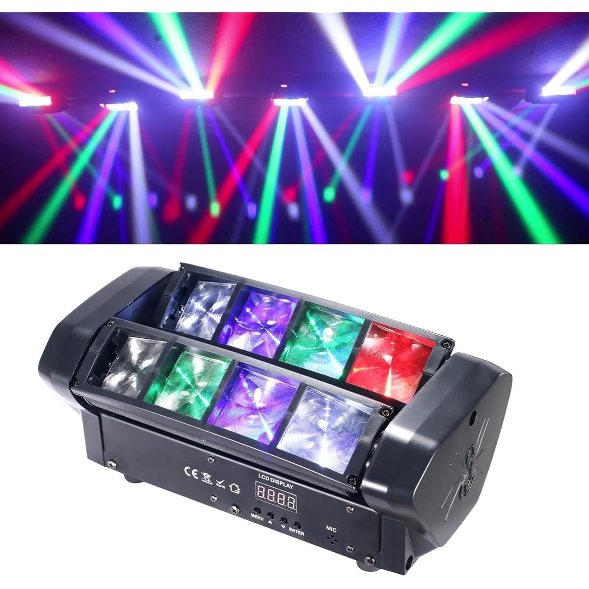 LED Mini Spider Moving Head Light, 8x5W Beam Stage Light RGBW Sound Activated DMX-512 Control for DJ Party Bar Disco Show Wedding Event Stage Lighting