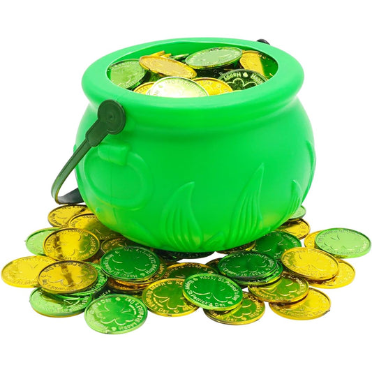 4E's Novelty 5" St. Patrick's Day Pot of Gold with 100 Lucky Coins - Green Pot of Gold Cauldron Plastic Bucket