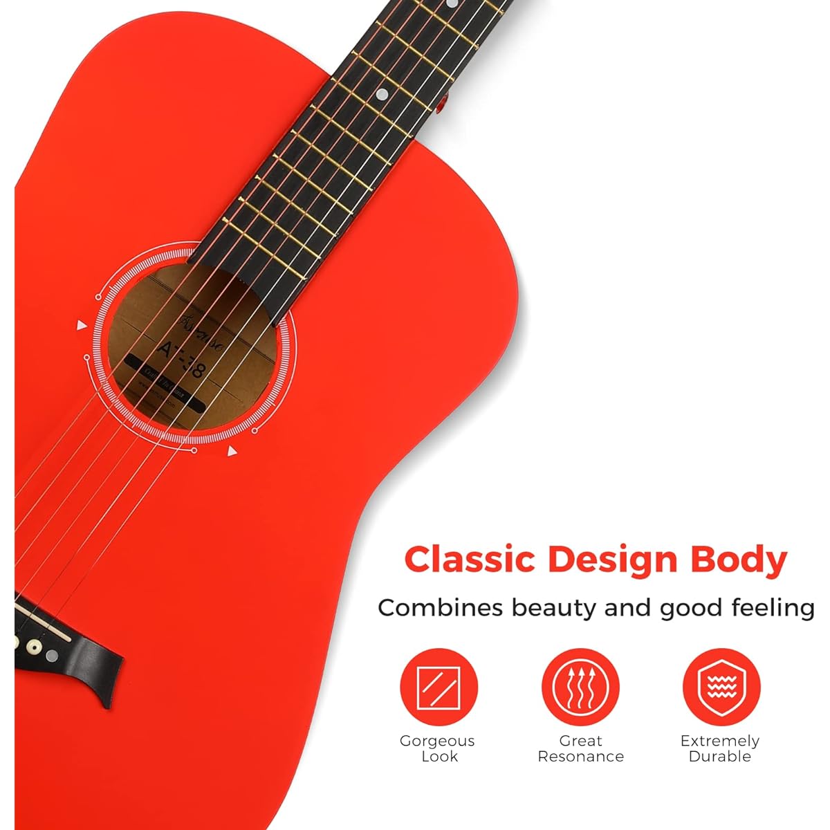 Asmuse 38" Acoustic Guitar Kit - Full Size Classical Acoustic Guitar 6 String with Gig Bag, Tuner, Picks, Straps and Accessories for Beginners, Adults and Teens (Red)