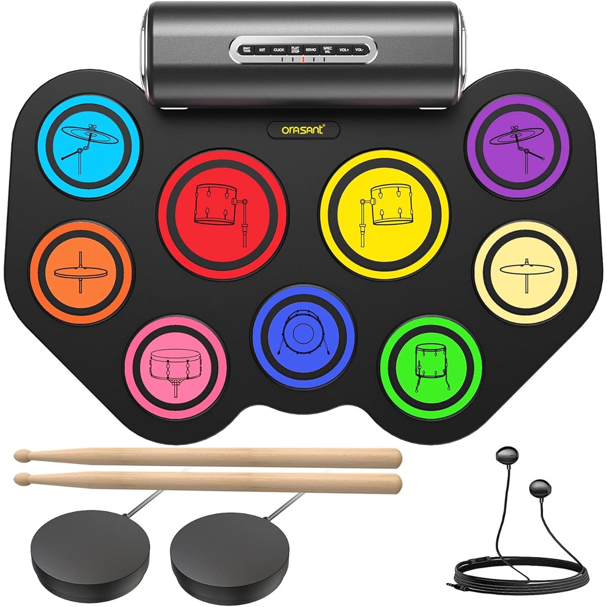 ORASANT 9 Pads Real Effects Rechargeable Portable Electronic Drum Set with Icons Roll-up Practice Drum Pad Electric Drum Pad with Speaker/Headphone Jack/Pedal 12 Hour Playtime Christmas Gift