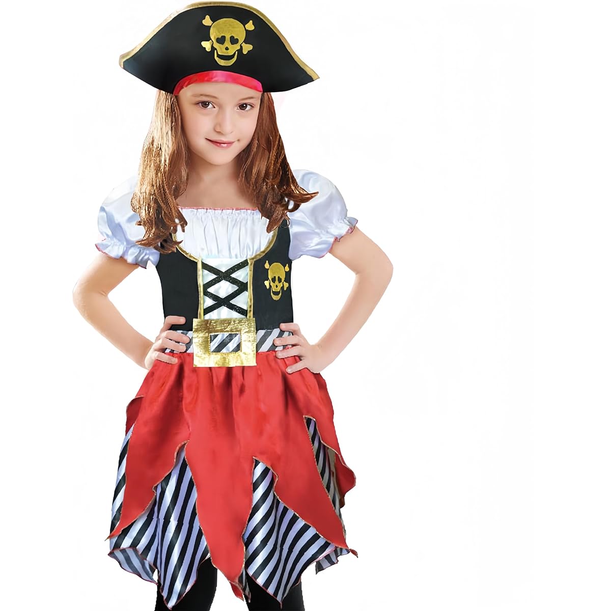 Lingway Toys Girls Pirate Butcher Princess Costume Deluxe Dress & Pirate Hat for Kids Sizes 5-6, 7-8, 9-10 Red/Black