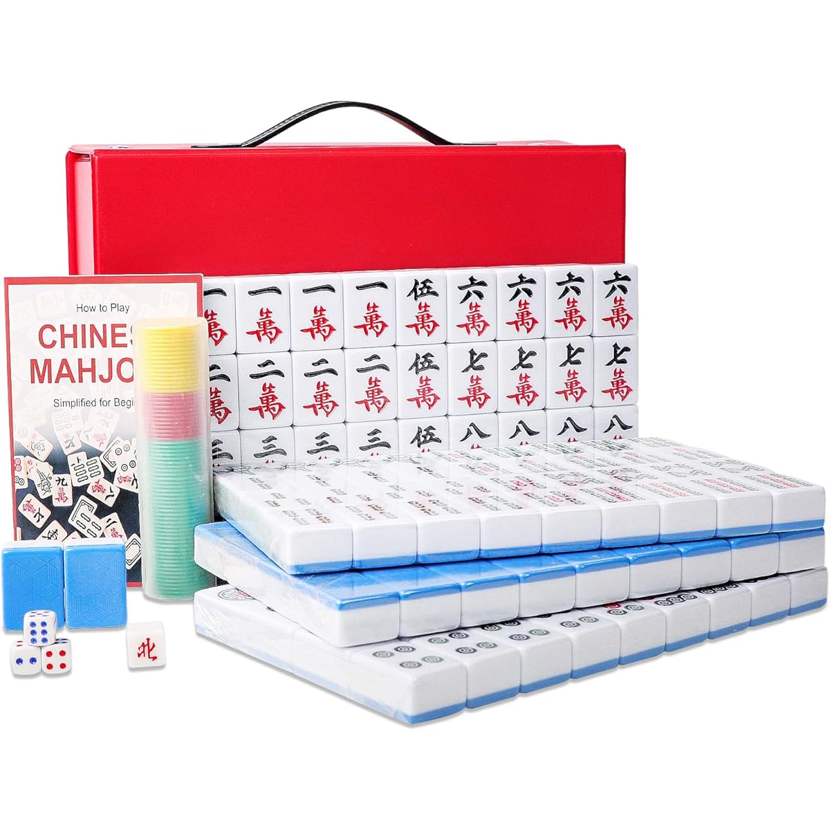 GUSTARIA Chinese Mahjong Set XL 1.6" Durable Melamine Mahjong Tiles (Blue) Professional Complete Mahjong Set with Carry Case and Clear English Instructions (Mahjong)