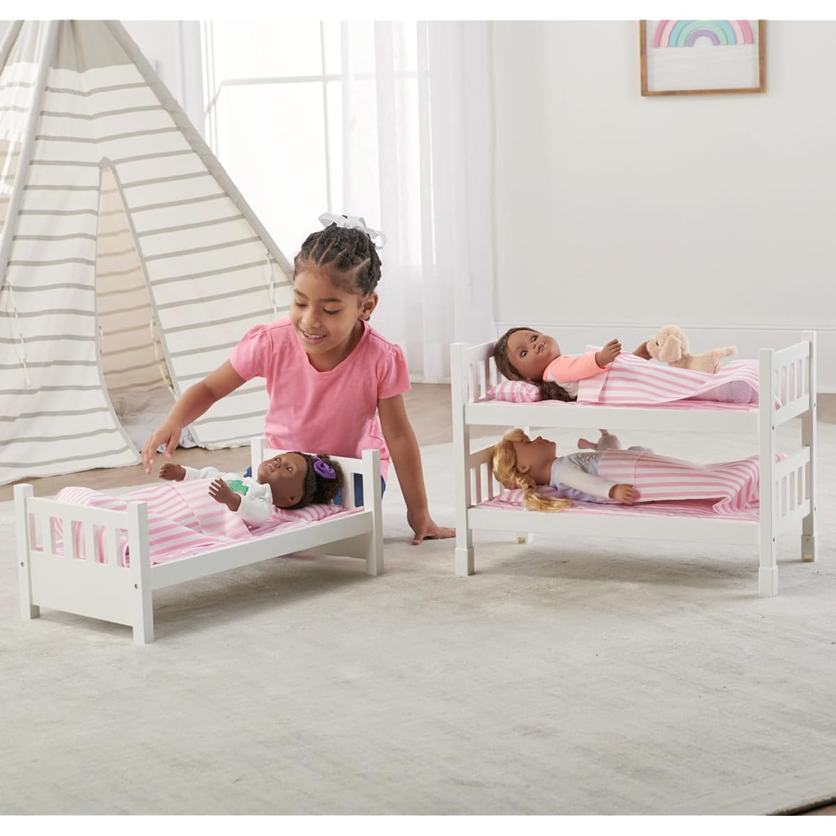 Badger Basket Toy 1-2-3 Convertible Doll Bunk Bed with Storage Basket and Customization Kit for 20" Dolls - Pink Stripes