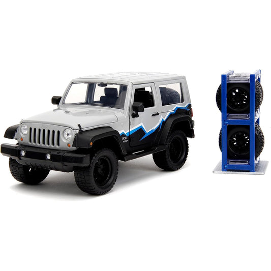 Just Trucks 1:24 2007 Jeep Wrangler Diecast Truck with Tire Rack Kids and Adults Toy (Grey/Primer Black)