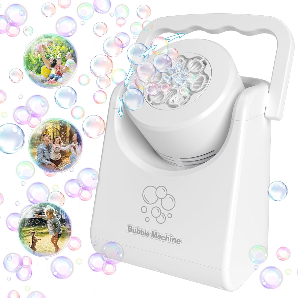 Bubble Machine for Kids/Toddlers Automatic Bubble Blower Portable Angle Adjustable Bubble Maker Bubble Toys for 3 4 5 6 7 Year Old Boys Girls Outdoor Party Birthday Easter Basket Stuffers Gift White