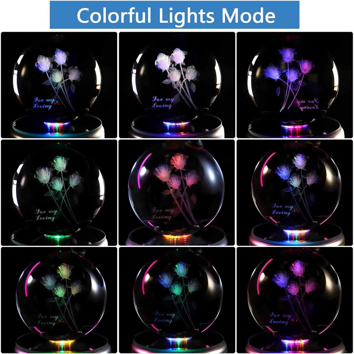 O!Life Music Box 3D Rose Crystal Ball with Colorful Rotating LED Lights, 18 Melodies, Musical Crystal Globe, Birthday, Anniversary, Valentine's Day, Christmas Gift for Women, Mother, Wife, Girl, Her