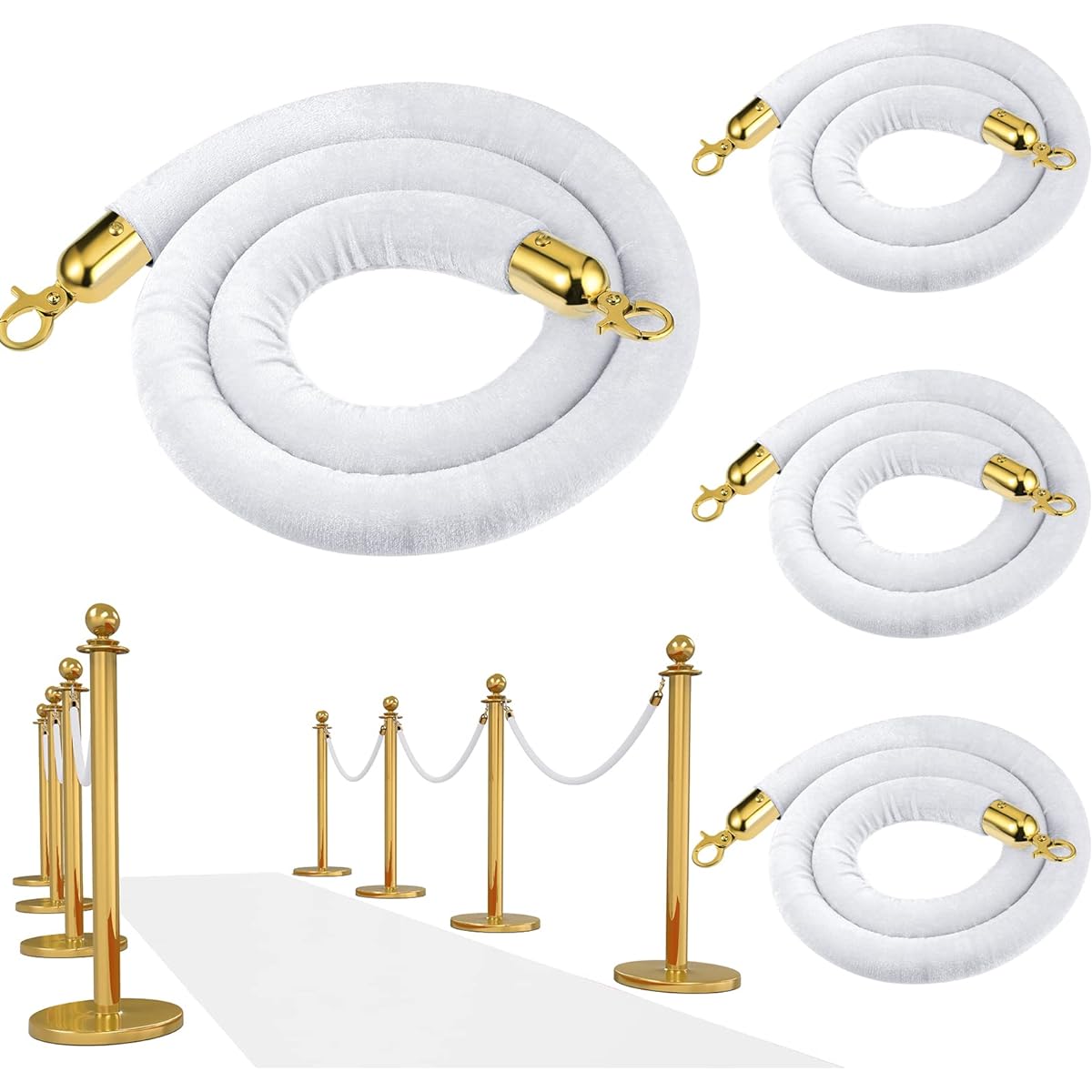 White Velvet Post Rope 4pcs 5ft Velvet Rope with Gold Clasp White Crowd Control Barrier for Party Red Carpet Wedding Cinema Hotel Grand Opening