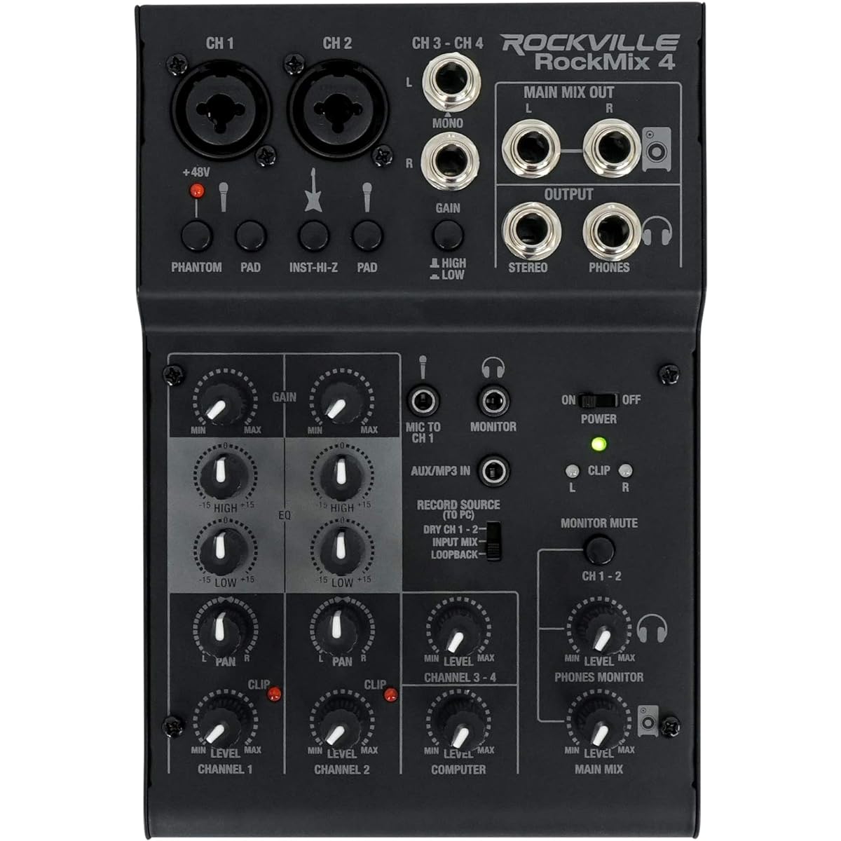 Rockville RockMix 4 USB Computer Recording Interface/EQ 4 Channel Pro Mixer