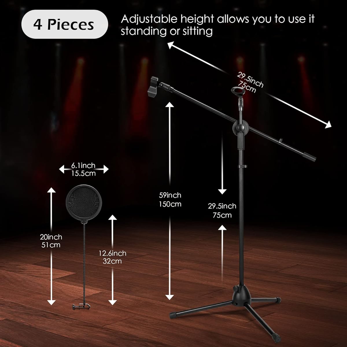 4pcs Tripod Microphone Stand Adjustable Boom Height Mic Stand with Microphone Clip and Windshield, Foldable Overhead Boom Stand for Live Stream Singing Stage Performance Studio Up to 60" Height