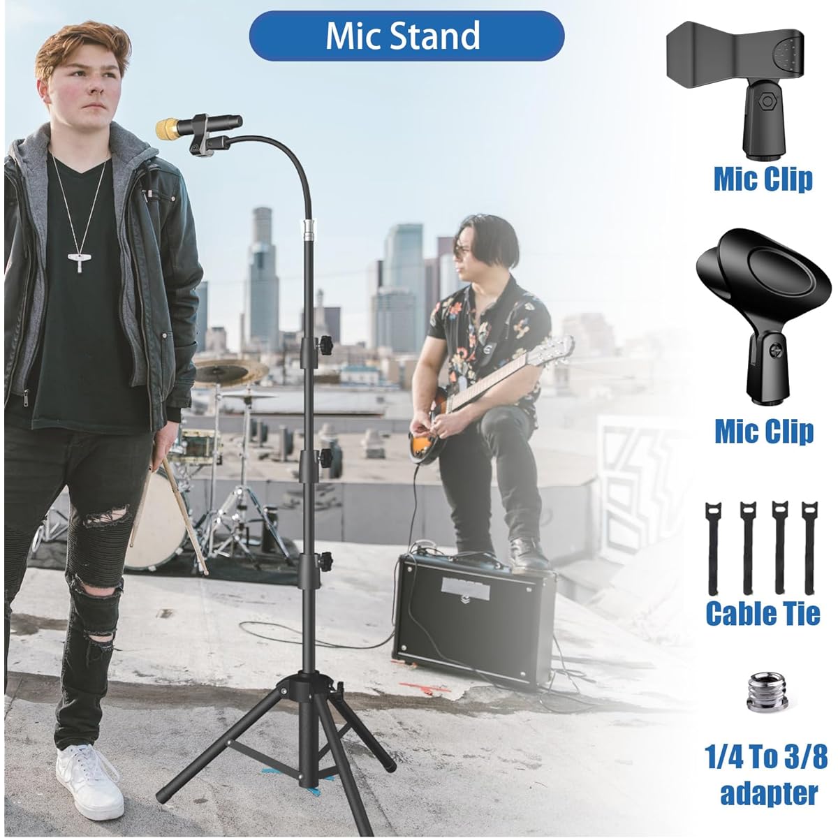 KEREAL Microphone Stand Compatible with Most Microphones Gooseneck Microphone Stand Height Adjustable with Mobile Phone Holder 2 Microphone Clips for Studio/Stage/Karaoke/DJ/Kids